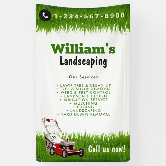 芝刈りサービス、庭の手入れ、庭刈りサービス 横断幕 (縦)