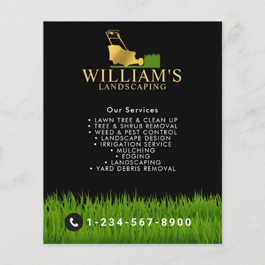 芝刈り切断サービス、芝生の気に金ゴールドロゴ チラシ (正面)