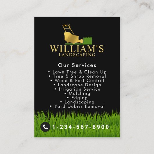 芝刈り切断サービス、芝生の気に金ゴールドロゴ 名刺 (正面)