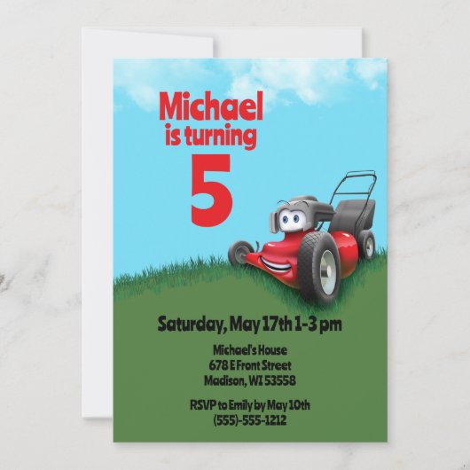 芝刈り機の誕生日パーティーを押す 招待状 (正面)