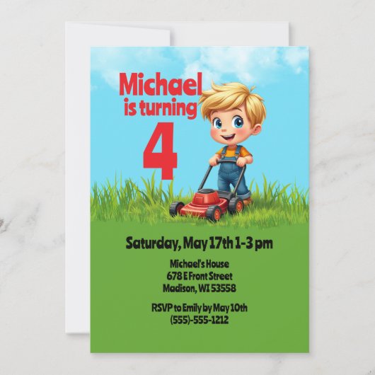 芝刈り機の誕生日パーティー 招待状 (正面)