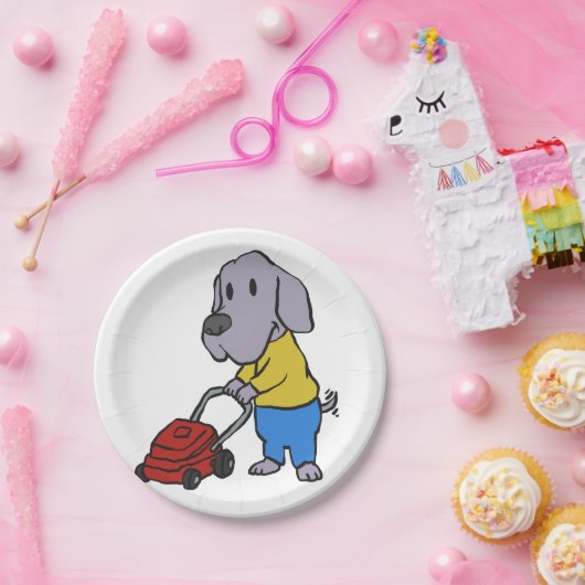 芝刈り機付きの犬庭師|背景色を選択 ペーパープレート (パーティー)