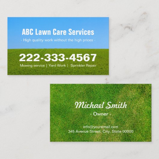 芝刈り 手入れ 緑の草原 青空 名刺 (正面/裏面)