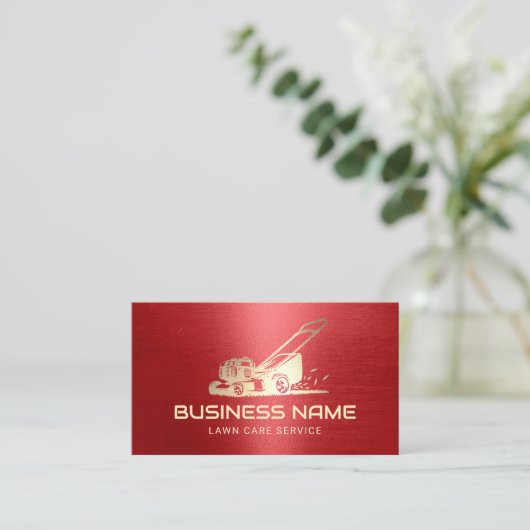 芝生と気に造園金ゴールドモーワーロゴレッド 名刺 (スタンド正面)