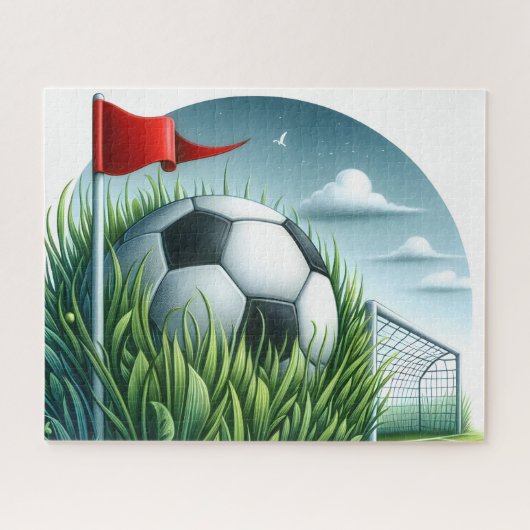 芝生に座るサッカーボール ジグソーパズル (横)