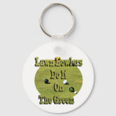 芝生のボウリングをする人、 クリケットの投手は、緑のキーリングおもしろいでそれをする キーホルダー (裏面)