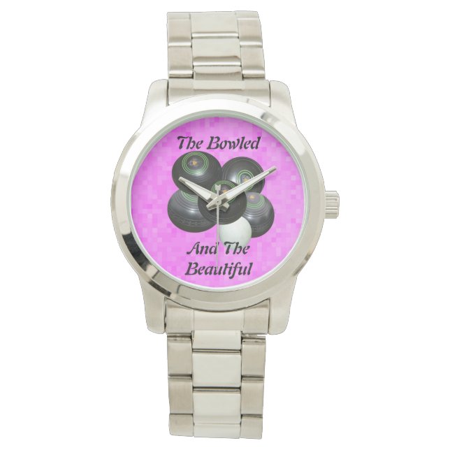 芝生のボウルおもしろいピンクのボウリング美しいデザイン、 腕時計 (正面)