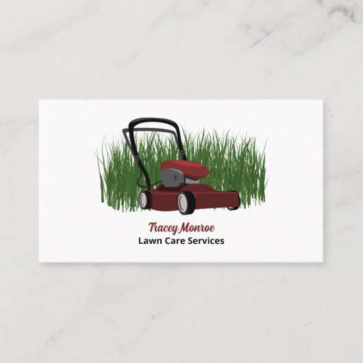 芝生の上に芝刈り機，芝生サー気にビス 名刺 (正面)