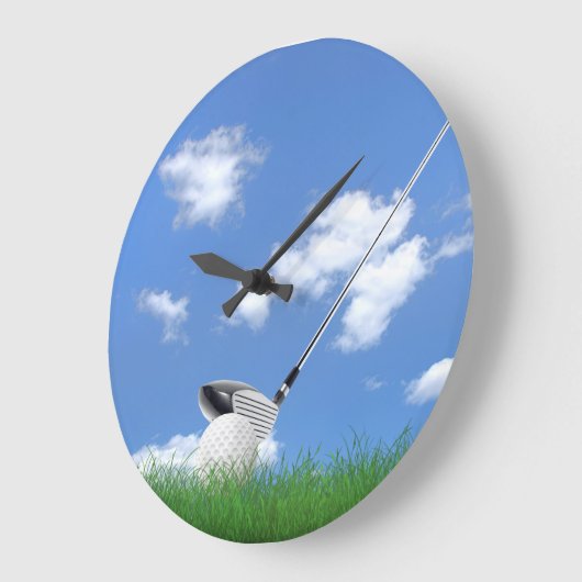 芝生の中のゴルフボールとクラブ ラージ壁時計 (傾斜)