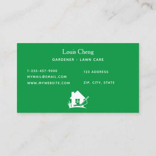 芝生の気に園芸の緑の白い草刈り 名刺 (裏面)
