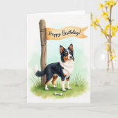 芝生の犬の誕生日カード カード (黄色い花)