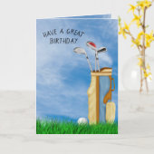 芝生の誕生日にゴルフボールとバッグ カード (黄色い花)