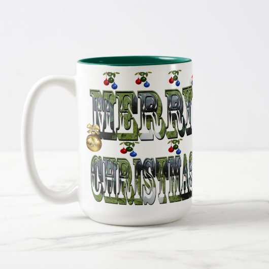 芝生カラフルの椀メリークリスマスロゴ ツートーンマグカップ (左)