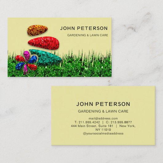 芝生気に園芸風景グラスロゴ花 名刺 (正面/裏面)