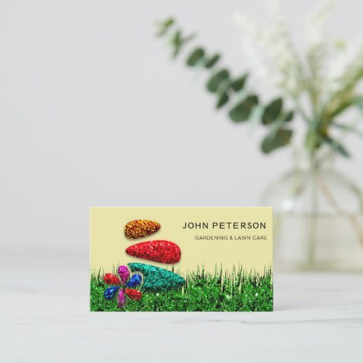 芝生気に園芸風景グラスロゴ花 名刺 (スタンド正面)