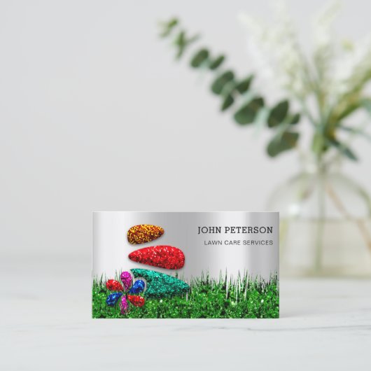 芝生気に園芸風景サービスのロゴシルバー 名刺 (スタンド正面)