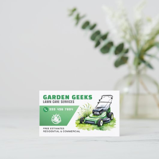 芝生気に造園サービス水色 名刺 (スタンド正面)