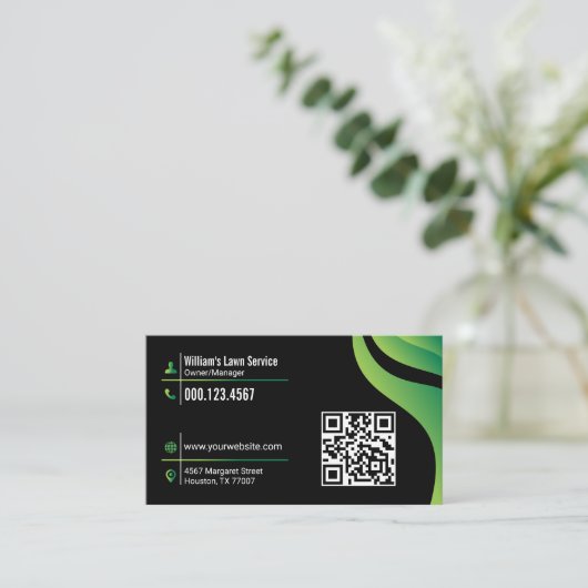 芝生気に造園モーニングブラック&グリーン 名刺 (スタンド正面)