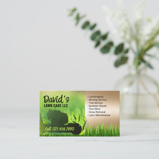 芝生&気に造園サービスグリーン&金ゴールド 名刺 (スタンド正面)
