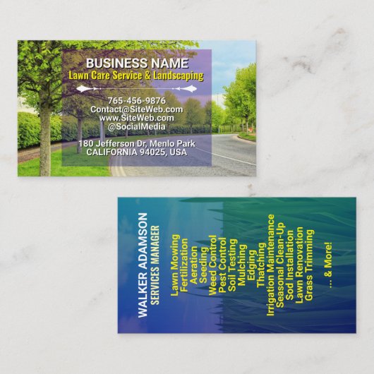 芝生、気に造園、芝刈り草、ツリーサービス 名刺 (正面/裏面)