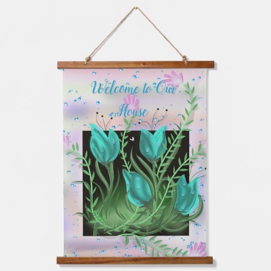 花々の壁にティール（緑がかった色）ウォールタペストリー 吊り下げ型タペストリー (正面)