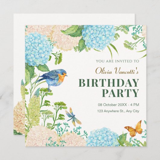 花あじさいバードバタフライ誕生日 招待状 (正面/裏面)
