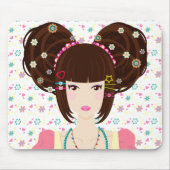 花いっぱいの背景を持つHarajukuの女の子ユリコ マウスパッド (正面)