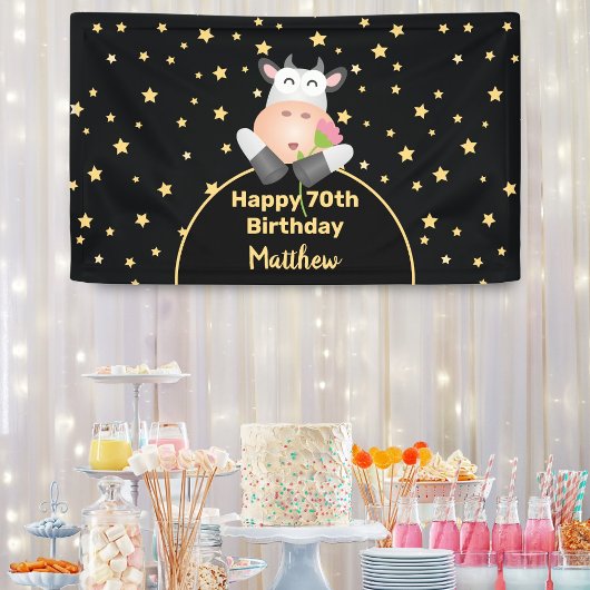 花おもしろいのハッピーマンガ牛70誕生日 横断幕