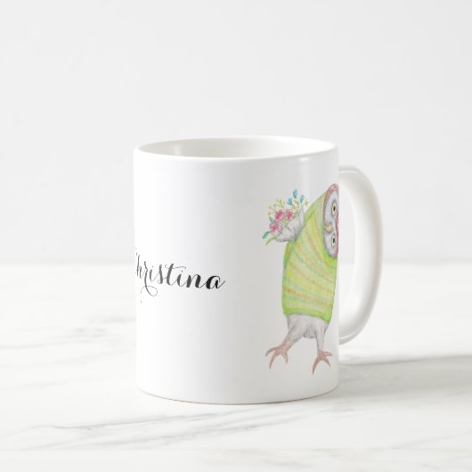 花おもしろいの付いた可愛いフクロウバレンタインデー コーヒーマグカップ (正面右)