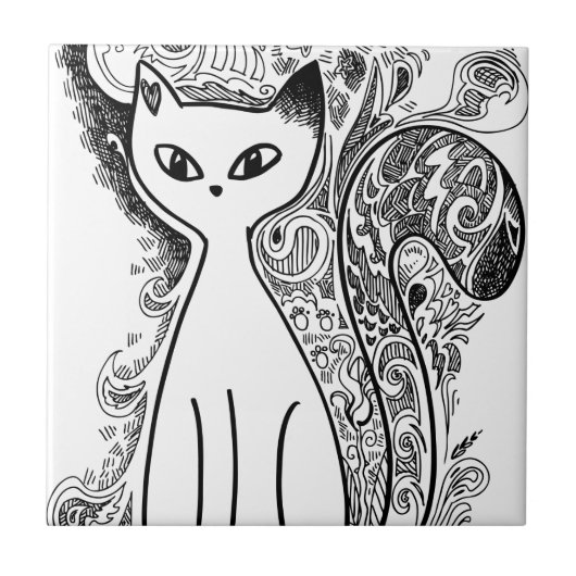花おもしろい柄の猫 タイル (正面)