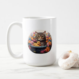 花おもしろい籠に入ったネコとアヒル コーヒーマグカップ