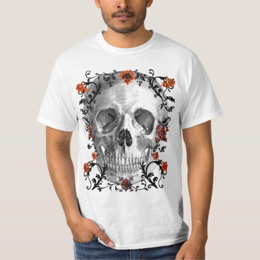 花およびつる植物のプリントが付いているスカル Tシャツ (正面)