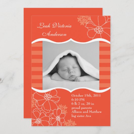 花およびストライプな写真の誕生の発表 案内状 (正面/裏面)