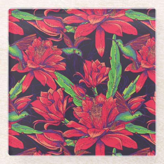 花およびハチドリ ガラスコースター (正面)