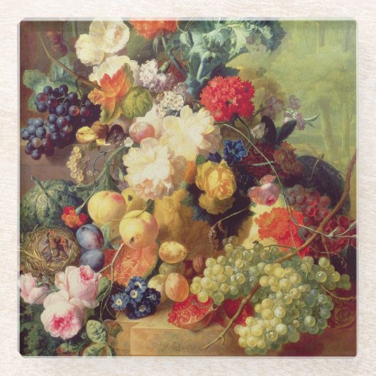 花およびフルーツが付いている静物画 ガラスコースター (正面)