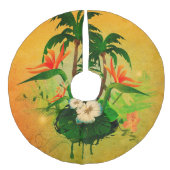 花およびヤシの木との熱帯デザイン フェイクリネンツリースカート (正面)