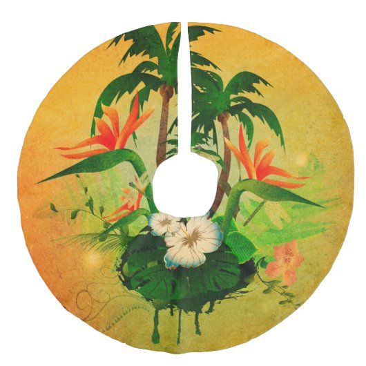 花およびヤシの木との熱帯デザイン フェイクリネンツリースカート (正面)