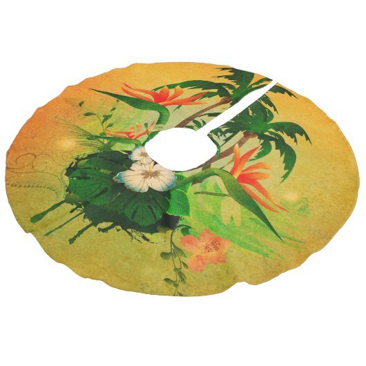 花およびヤシの木との熱帯デザイン フェイクリネンツリースカート (アングル)