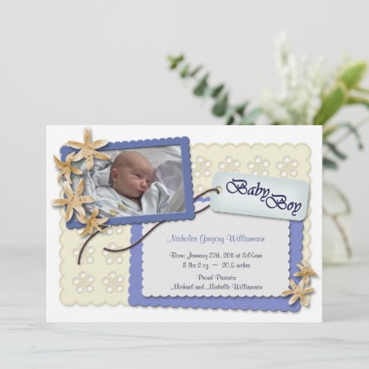 花およびレースの青い誕生の発表 案内状 (スタンド正面)