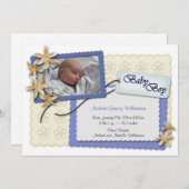 花およびレースの青い誕生の発表 案内状 (正面/裏面)