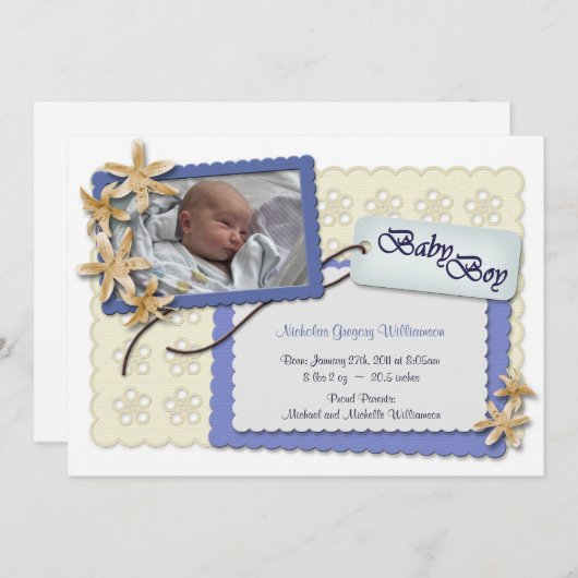 花およびレースの青い誕生の発表 案内状 (正面/裏面)
