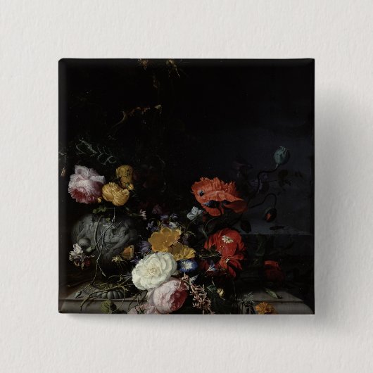 花および昆虫が付いている静物画 缶バッジ (正面)