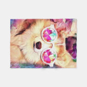 花および熱狂するなガラスを持つウェルシュコーギー フリースブランケット (正面(横))