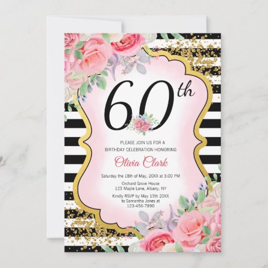 花および紙吹雪との年齢のピンクそして金ゴールド 招待状 (正面)