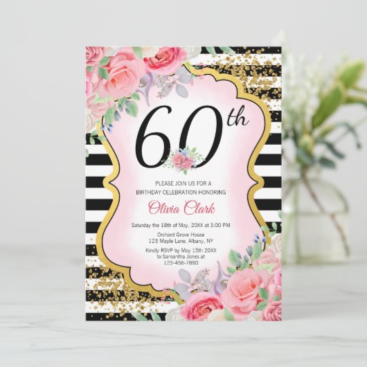 花および紙吹雪との年齢のピンクそして金ゴールド 招待状 (スタンド正面)