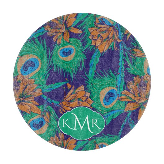 花および羽|のモノグラム カッティングボード (正面)