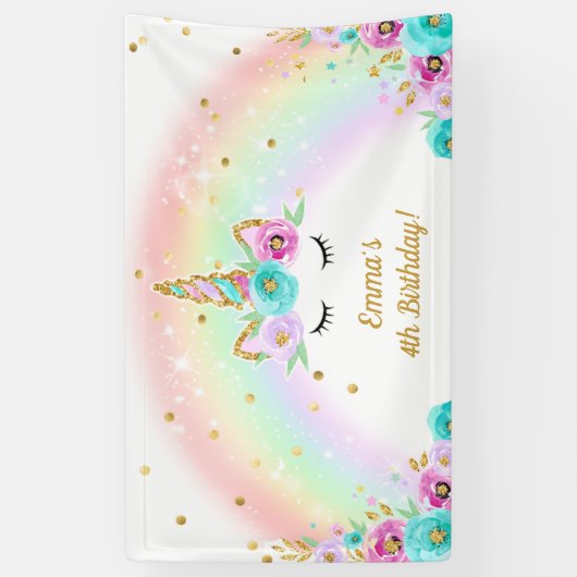 花および虹が付いているユニコーンの旗 横断幕 (縦)