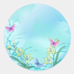 花および蝶が付いているWhispyの青 ラウンドシール