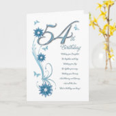 花および蝶を持つティール(緑がかった色)の第54誕生日 カード (黄色い花)