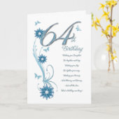 花および蝶を持つティール(緑がかった色)の第64誕生日 カード (黄色い花)